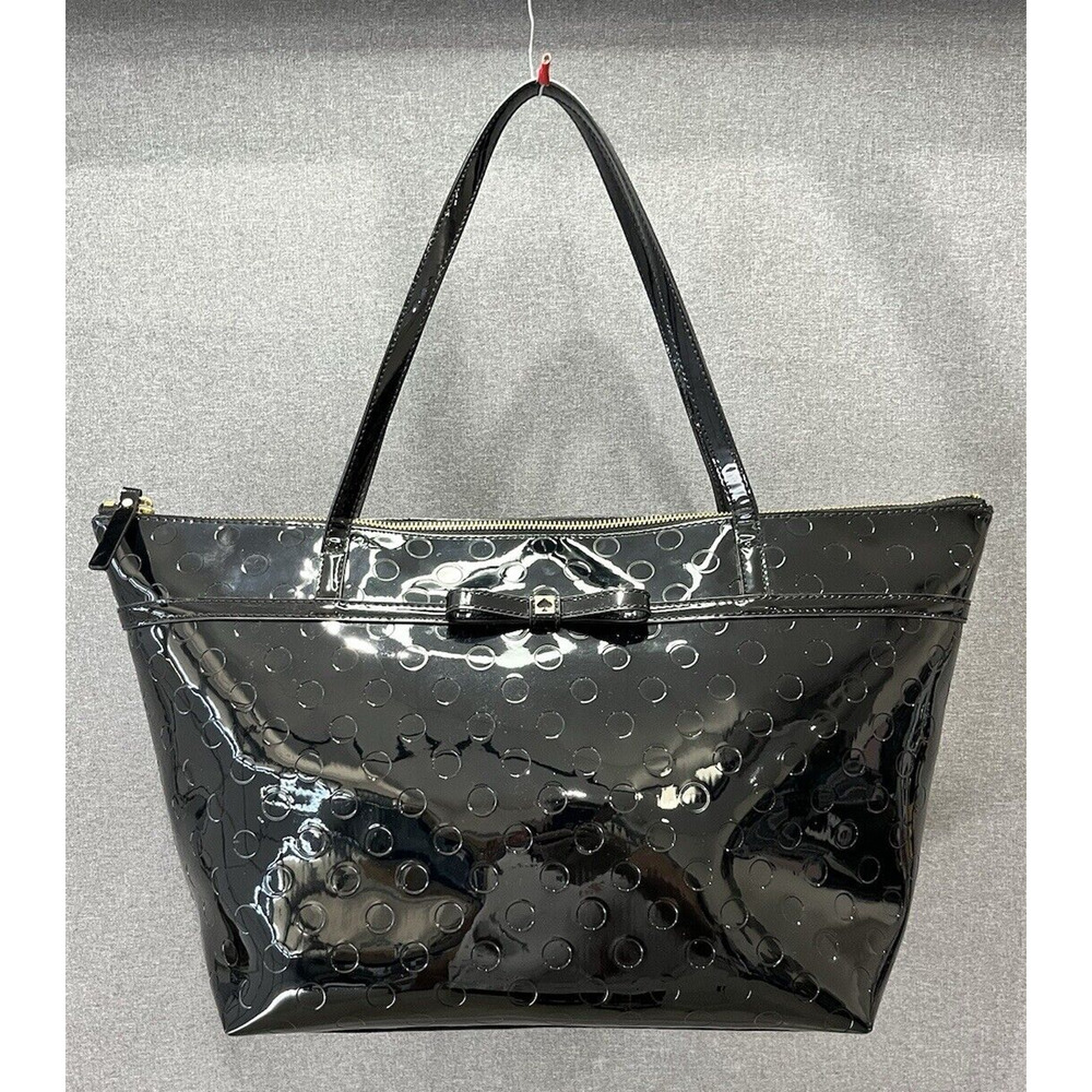 New Kate Spade Large Tote Shinny Black emo rock WkRU2471 zip